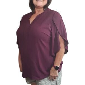 Bloomchic Petal Sleeve burgundy Toothpick Pleats Shirt size 1X (14-16) Nwt